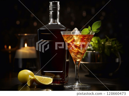 Red dry martini glass with ice and mint leaf on dark table with bottle.Macro.AI Generative 128660473