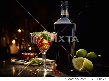 Red dry martini glass with ice and mint leaf on dark table with bottle.Macro.AI Generative 128660474