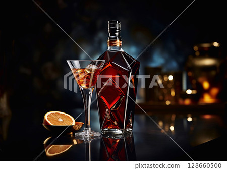 Bottle and glass of red dry martini drink with ice cubes and orange on dark bar.Macro.AI Generative 128660500