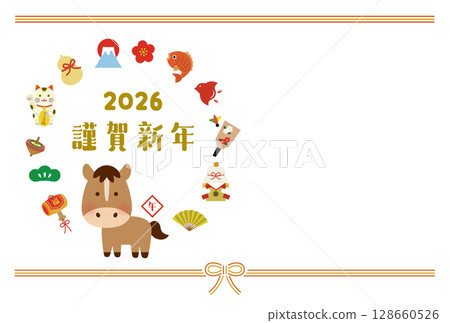 2026 Year of the Horse New Year's card template | Bright zodiac illustration of a cute horse and lucky charms 2026 Year of the Horse New Year's card template | Bright zodiac illustration of a cute horse and lucky charms 128660526