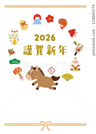 2026 Year of the Horse New Year's card template | Bright zodiac illustration of a cute horse and lucky charms 2026 Year of the Horse New Year's card template | Bright zodiac illustration of a cute horse and lucky charms 128660574