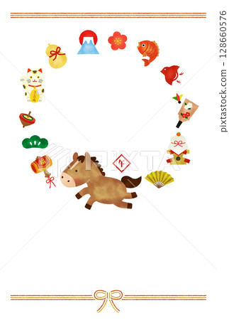 Watercolor style 2026 Year of the Horse New Year's card template | Bright zodiac illustration of cute horses and lucky charms Watercolor style 2026 Year of the Horse New Year's card template | Bright zodiac illustration of cute horses and lucky charms 128660576