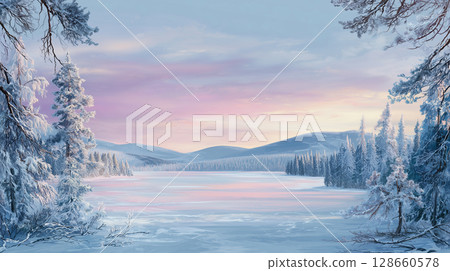 Pastel winter sunrise over a frozen lake in Lapland 128660578