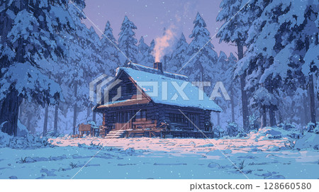 Log cabin on a quiet winter night deep in the snowy forest 128660580