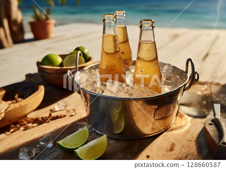 Bucket with ice and bottle of lager mexican beer with limes on table.Macro.AI Generative 128660587