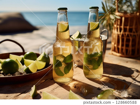 Bottles with lager mexican beer with and limes with mint leaves on wooden table.AI Generative 128660588