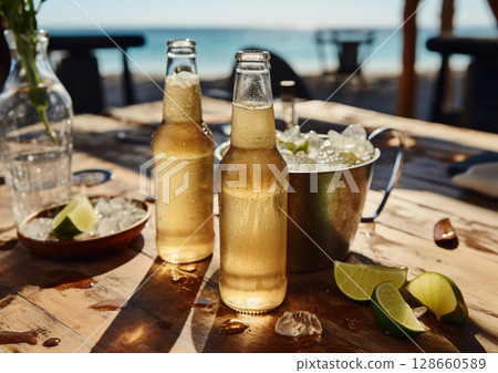 Bottles with lager mexican beer with ice and limes on wooden table with ocean view.AI Generative 128660589