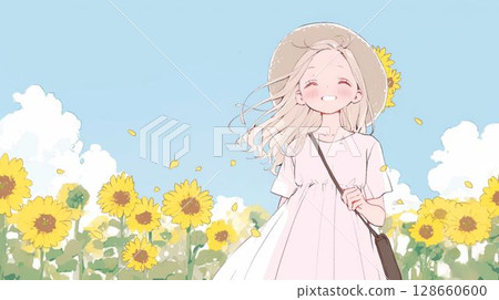 向日葵田裡微笑的夏日女孩 128660600