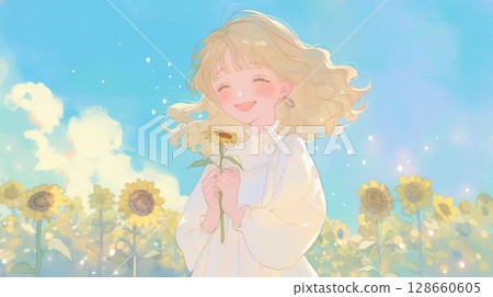 Happy smiling girl holding a sunflower Happy smiling girl holding a sunflower 128660605