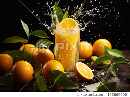 Splash of orange juice in glass on dark background with raw organic oranges.Macro.AI Generative 128660606