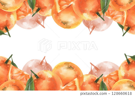 Summer juicy citrus watercolor frame with copy space. Hand drawn isolated frame with orange fruits clipart, clementine ripe drawing for poster, card, product packing design 128660618