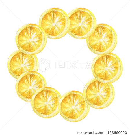 Lemon slices watercolor round frame.Hand drawn citrus fruit wreath with round slices, summer sour lemonade and cocktail ingredient clipart for poster, card, packing design.Sicilian garden yellow fruit 128660620