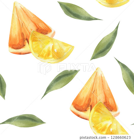 Oranges and lemon slices with green leaves watercolor seamless pattern. Summer tropical fruits, juicy orange and yellow tropical food background for juice,jam packing,textile, stationery design 128660623