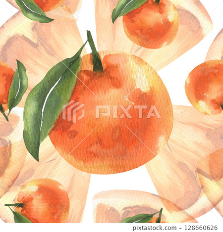 Summer juicy oranges fruits watercolor seamless pattern. Hand drawn tropical food, lemonade and summer beverage ingredient repeated background for product packing,home textile,fabric design 128660626