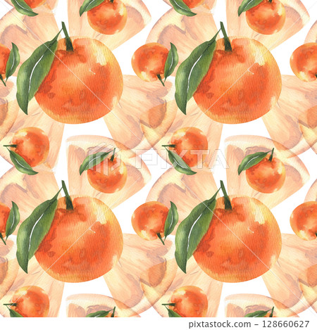 Oranges fruits and pieces watercolor seamless pattern. Hand drawn tropical summer fruits clipart, Spain and Italy juicy ripe background for stationery,textile,wallpaper design 128660627