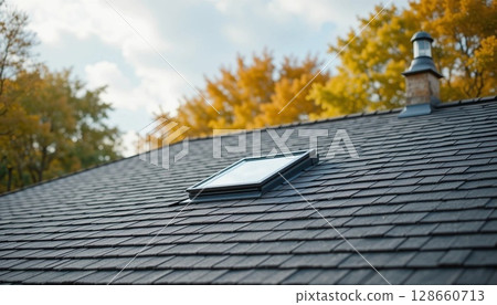 Newly Renovated Roof with Asphalt Shingles and Skylight | Modern Roofing Design. 128660713