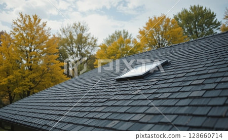 Newly Renovated Roof with Asphalt Shingles and Skylight | Modern Roofing Design. 128660714