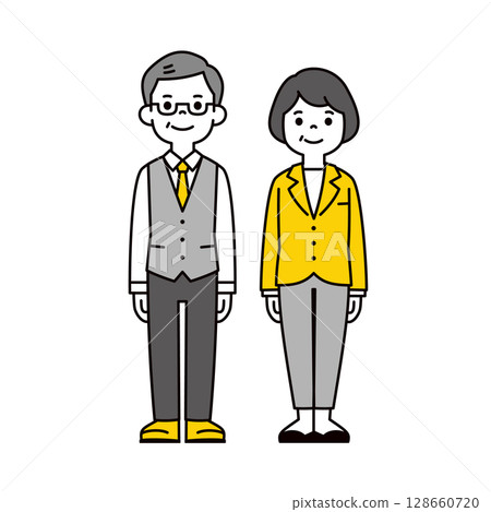 一組簡單的全身插圖，描繪的是辦公室工作的老年男女_向量 128660720