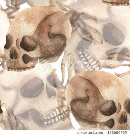 Human skull watercolor seamless pattern. Dead head and skeleton hands illustrations in repeated background for Halloween october night party wallpaper, packing,web design Human skull watercolor seamless pattern. Dead head and skeleton hands illustrations in repeated background for Halloween october night party wallpaper, packing,web design 128660765
