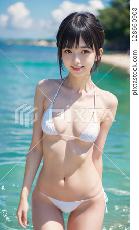 夏季空蕩蕩的海灘上穿著比基尼泳衣微笑的年輕女子 夏季空蕩蕩的海灘上穿著比基尼泳衣微笑的年輕女子 128660908