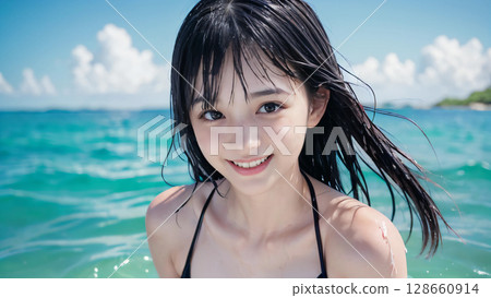 Smiling young woman in bikini swimsuit on summer beach 128660914