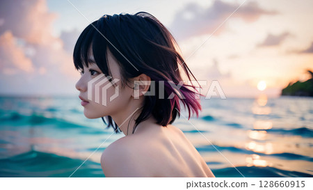 Smiling young woman in bikini swimsuit on summer beach Smiling young woman in bikini swimsuit on summer beach 128660915