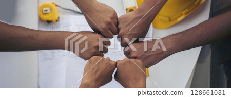 Banner Close up engineer men hands diversity multiethnic partners team together. Group of multiracial engineer Manager Foreman Teamwork meeting. Top view team join hands partnership with copy space 128661081