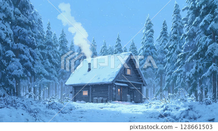 芬蘭寧靜的雪林中的小木屋 128661503