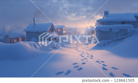 白雪皚皚的芬蘭村莊和黎明時的足跡 128661505