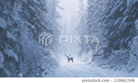 一隻馴鹿站在霧濛濛的雪冬森林裡 128661506