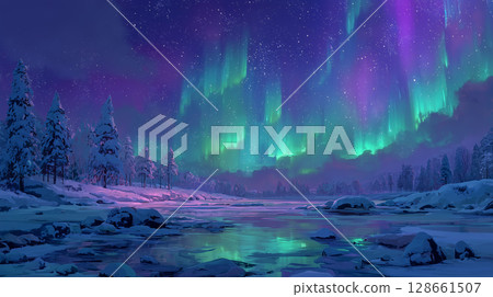 壯觀的極光籠罩著北極的雪景 128661507