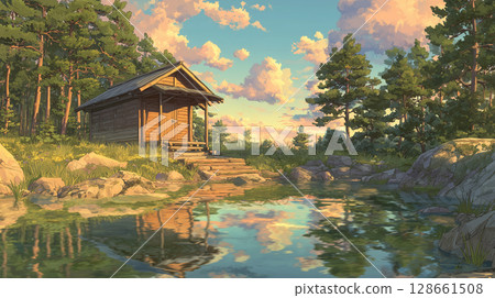 芬蘭湖畔桑拿小屋和波光粼粼的日落倒映在湖面上 128661508