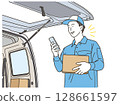 Delivery staff using smartphone while carrying luggage 128661597
