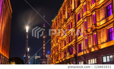 Oriental Pearl Tower view from Nanjing road at night, Shanghai 128661631