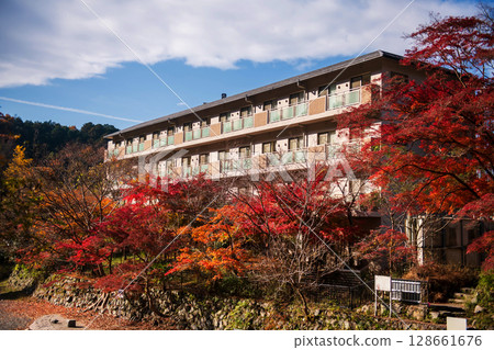 Hotel in autumn with beautiful red foliage maple leaf in Sakyo, Kyoto Hotel in autumn with beautiful red foliage maple leaf in Sakyo, Kyoto 128661676