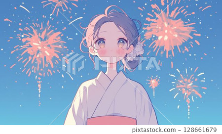 夏日祭典上,身穿浴衣的女孩凝視著夜空和煙火 夏日祭典上,身穿浴衣的女孩凝視著夜空和煙火 128661679