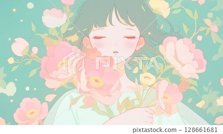 A girl sleeping among flowers, wrapped in a gentle dream 128661681