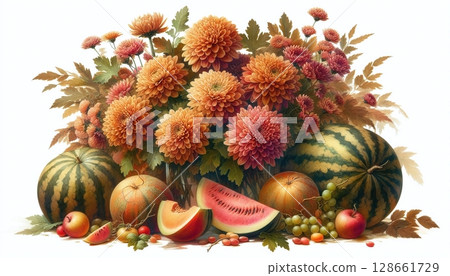 Abundant Autumn Harvest Still Life with Mums 128661729