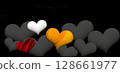 Black and multicolored hearts 3D render. Postcard valentine in dark color. 128661977