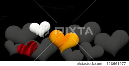 Black and multicolored hearts 3D render. Postcard valentine in dark color. 128661977