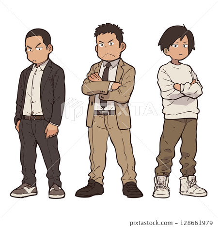 雙手抱胸、表情不滿的人的插畫素材（一名西裝男子和一名兒童） 128661979