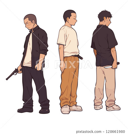 Character illustration set of thugs armed with guns and knives (criminals, villains) 128661980