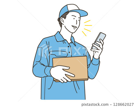 Delivery staff using smartphone while carrying luggage Delivery staff using smartphone while carrying luggage 128662027