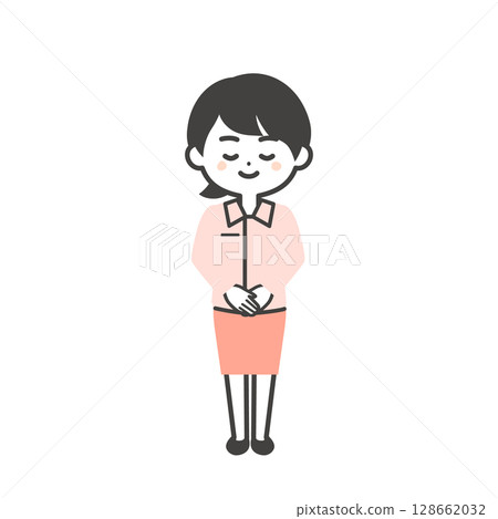 Illustration of a three-headed woman wearing work clothes over a suit bowing 128662032