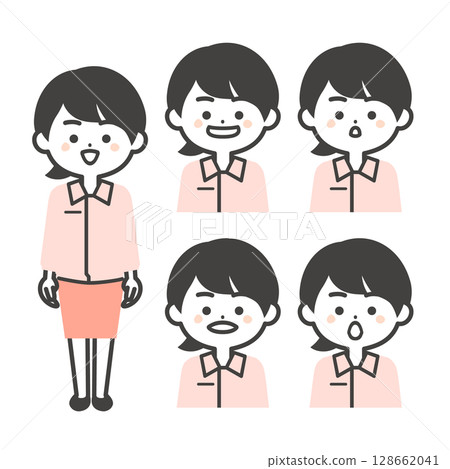 圖：一個三頭女人，身穿工作服，西裝外套，嘴巴型呈 a-i-u-e-o 128662041