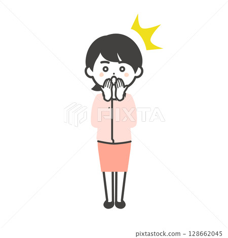 Illustration of a 3-headed woman wearing work clothes over a suit, holding her mouth in surprise 128662045