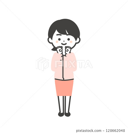 圖：一個三頭女人，身穿工作服，外面套著西裝，雙手放在身前 128662048