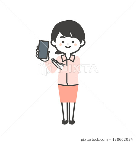 Illustration of a three-headed woman wearing work clothes over a suit holding a smartphone 128662054