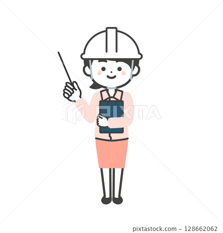 Illustration of a 3-headed woman wearing a helmet and work clothes over a suit pointing with a pointer 128662062