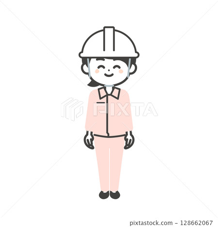 戴著頭盔和工作服的微笑三頭女人的插圖 128662067